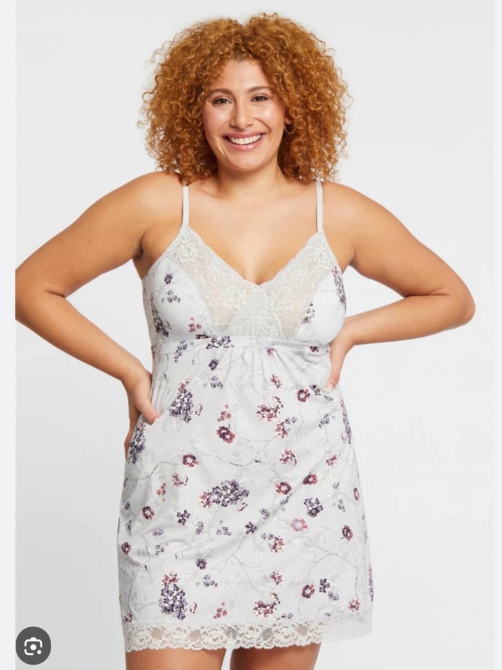 Lace-Trim Floral Chemise in Light Gray with Pink & Purple Accents